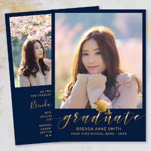 Modern Graduation 2 Photo Gold Script Cap Navy Announcement