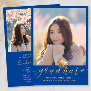 Modern Graduation 2 Photo Gold Script Cap on Blue Announcement
