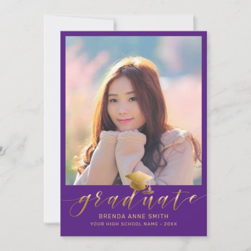 Modern Graduation 2 Photo Gold Script Cap Purple Announcement