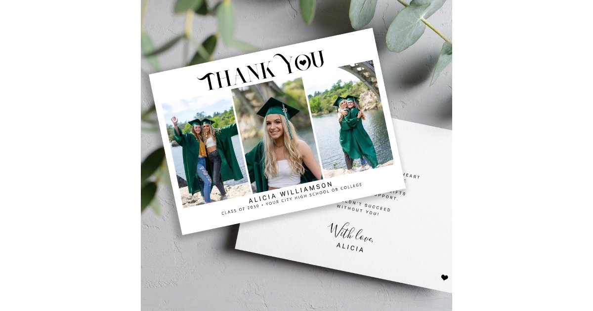 Modern graduation 3 photo collage thank you card | Zazzle