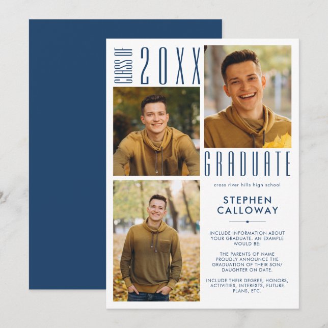 Modern Graduation 3 Photos Blue Announcement (Front/Back)