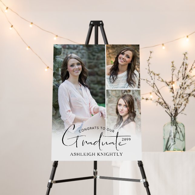Modern Graduation 3 Photos Handwritten Welcome Foam Board (In Situ (Stand))