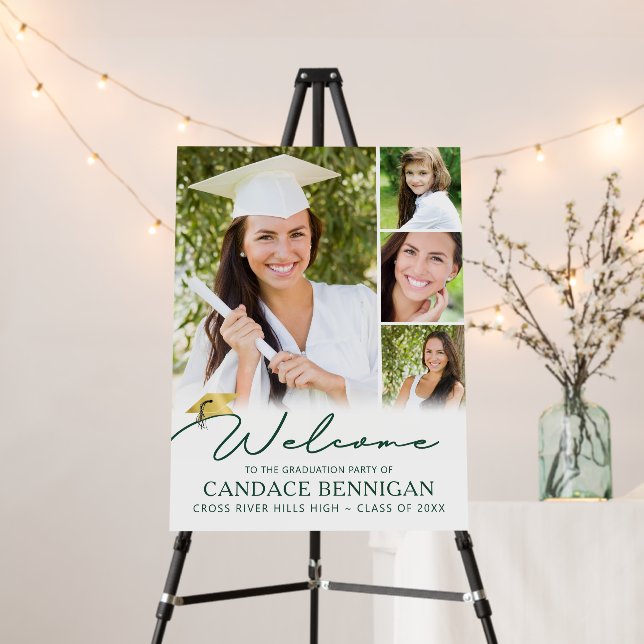 Modern Graduation 4 Photos Dark Green Script Foam Board (In Situ (Stand))