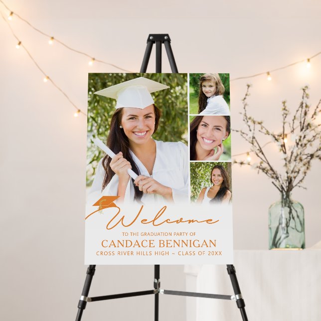 Modern Graduation 4 Photos Orange Script Foam Board (In Situ (Stand))