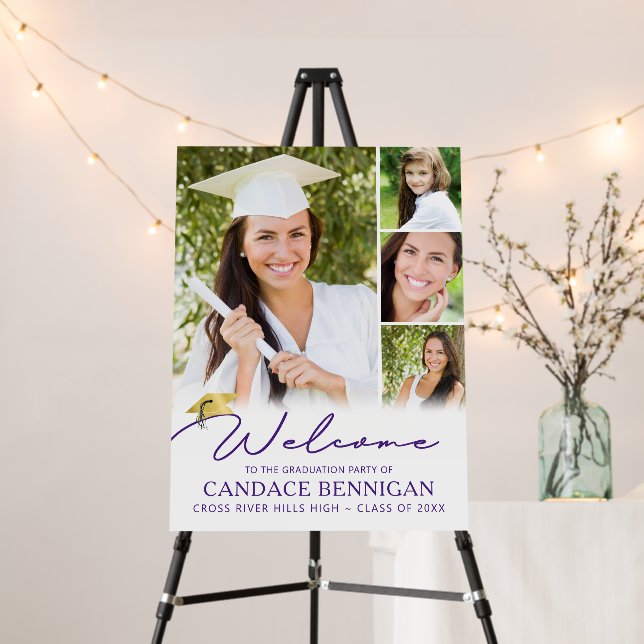 Modern Graduation 4 Photos Purple Script Foam Board (In Situ (Stand))