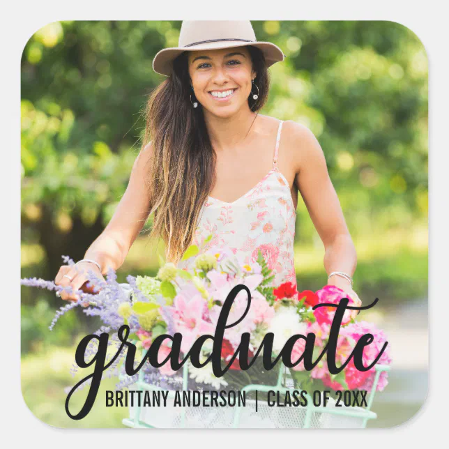 Modern Graduation Announcement Photo B Square Sticker | Zazzle