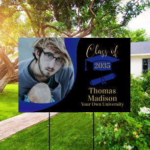 Modern Graduation Black Blue Wave Yard Sign