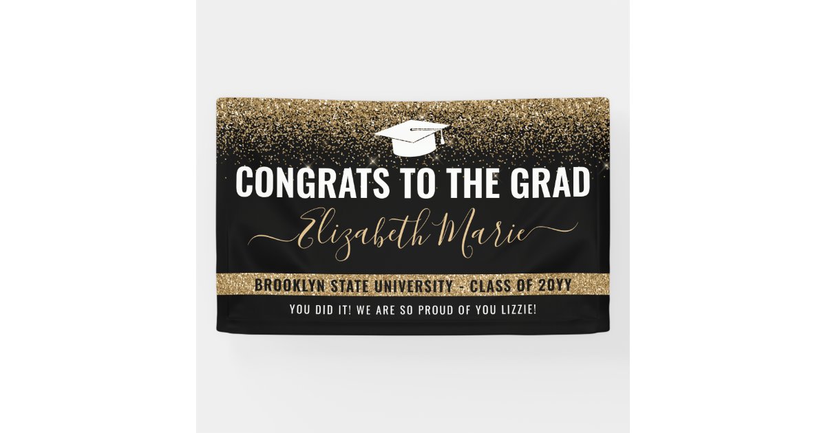 Modern Graduation Black Gold Glitter Class of 2021 Banner | Zazzle