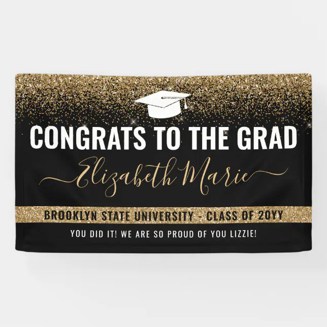 Modern Graduation Black Gold Glitter Class of 2021 Banner | Zazzle