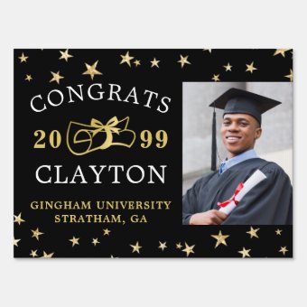 Modern Graduation Black Gold Photo Stars Diploma Sign | Zazzle