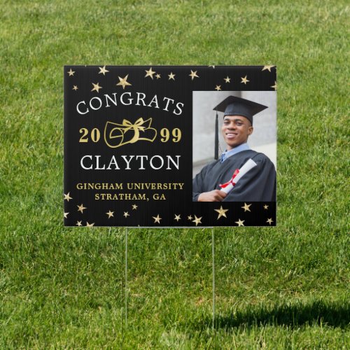 Modern Graduation Black Gold Photo Stars Diploma Sign