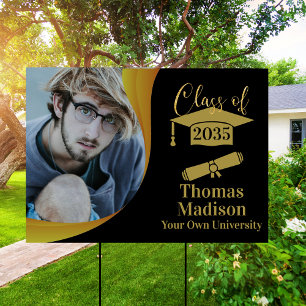 Modern Graduation Black Gold Wave Yard Sign