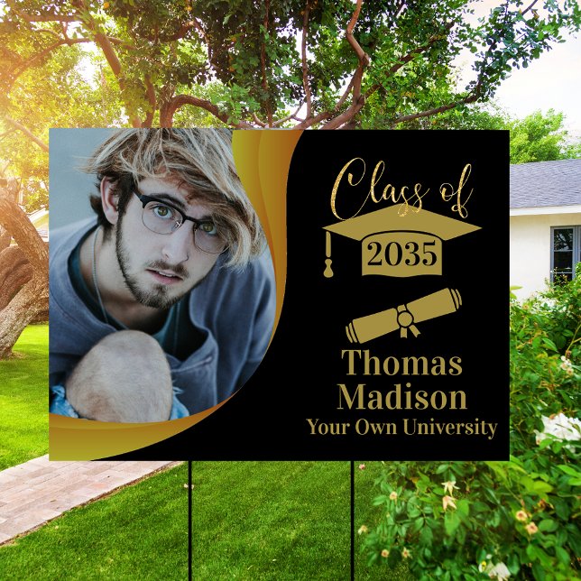 Modern Graduation Black Gold Wave Yard Sign (Creator Uploaded)
