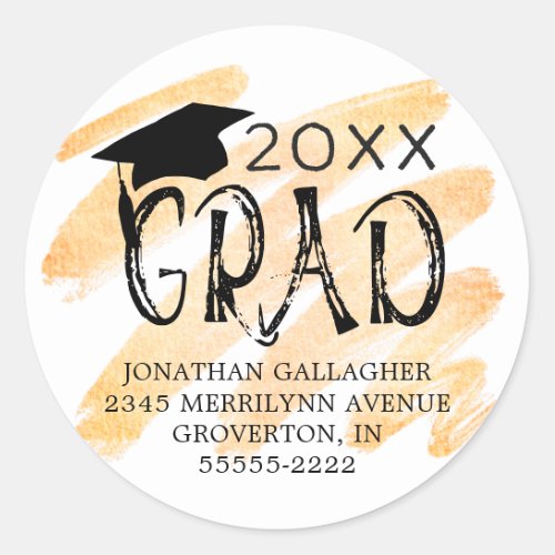 Modern Graduation Black Orange GRAD Return Address Classic Round Sticker
