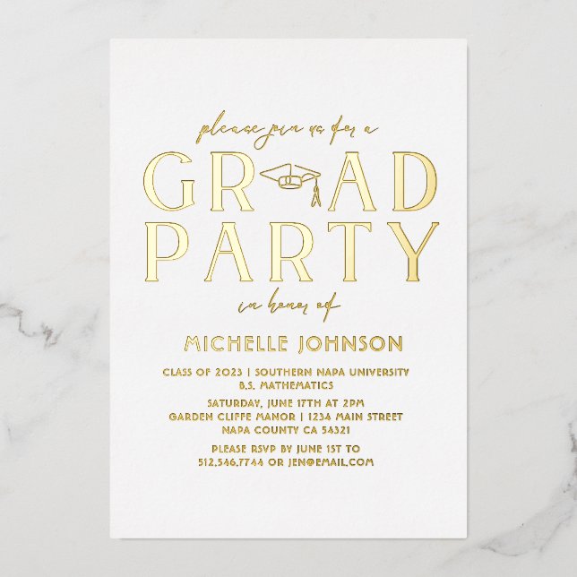 Modern Graduation Black Script Typography | Photo Foil Invitation (Front)