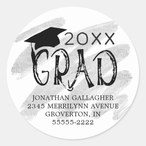 Modern Graduation Black Silver GRAD Return Address Classic Round Sticker