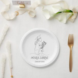 Modern Graduation Black & white line art graduate Paper Plates