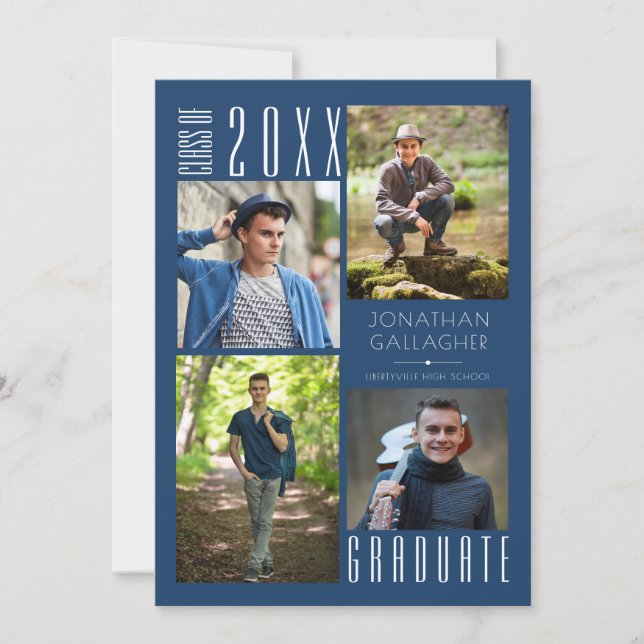 Modern Graduation Blue Class Year Photo Collage Announcement (Front)