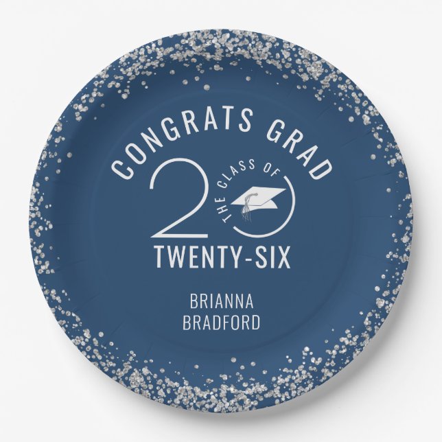 Modern Graduation Blue Faux Silver Glitter Paper Plates (Front)