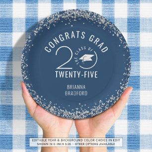 Modern Graduation Blue Faux Silver Glitter Paper Plates