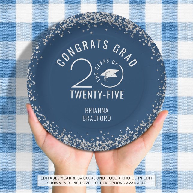Modern Graduation Blue Faux Silver Glitter Paper Plates (Creator Uploaded)