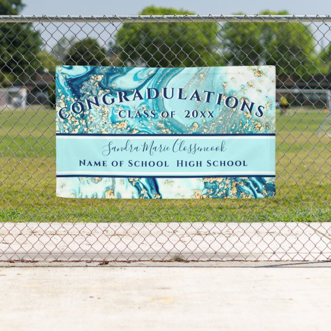 Modern Graduation Blue Marble Swirl Gold Glitter Banner (Insitu)