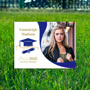 Modern Graduation Blue White Swirl Yard Sign