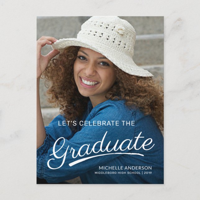 Modern Graduation Brush Script 2-Sided Party Photo Invitation Postcard (Front)