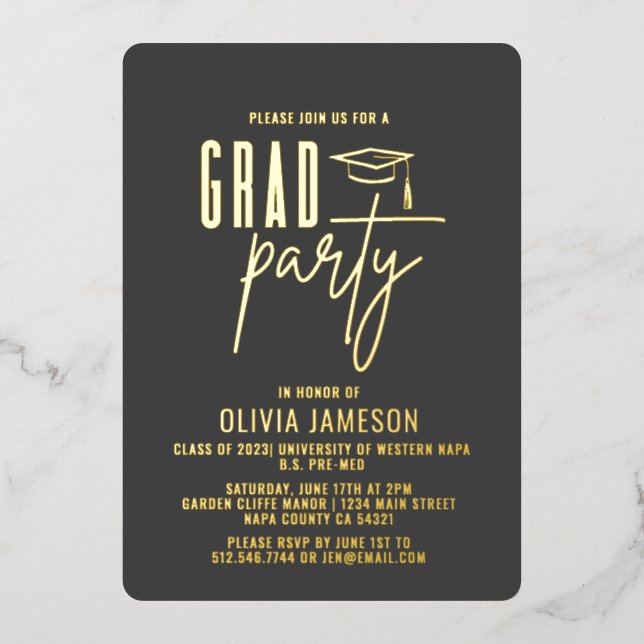 Modern Graduation Calligraphy Script | Photo Party Foil Invitation (Front)