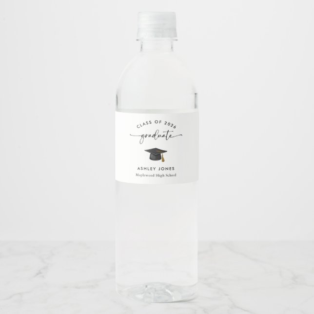 Modern Graduation Cap Graduation Party  Water Bottle Label (Front)