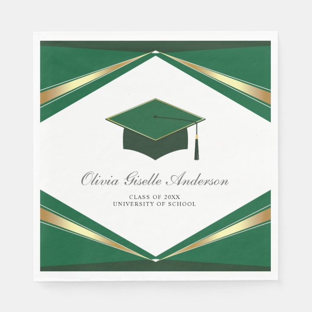 Modern Graduation Cap Green & Gold Party Napkins (Front)
