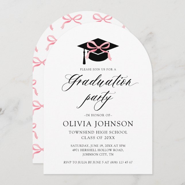 Modern Graduation Cap Pink Bow Graduation Arched Invitation (Front/Back)