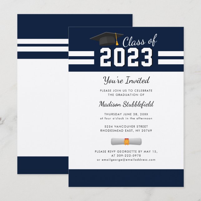 Modern Graduation Chic Navy Blue Party Invitation (Front/Back)