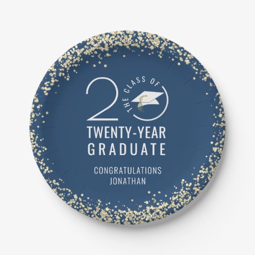 Modern Graduation Class Year Blue Gold Confetti  Paper Plates