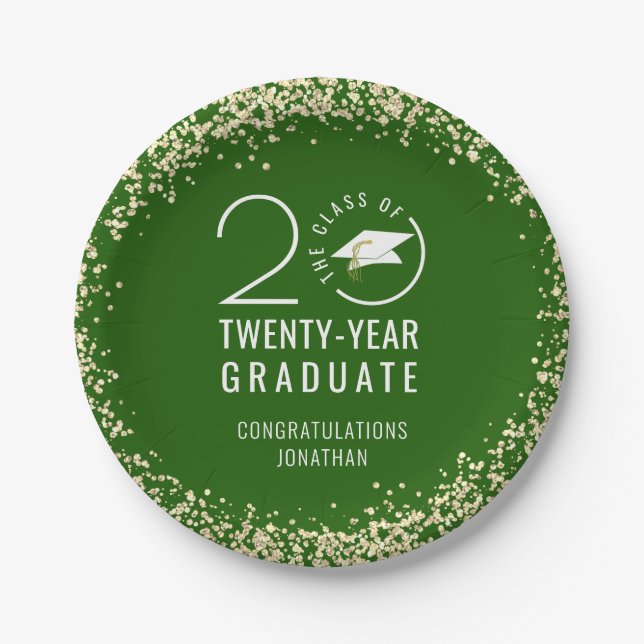 Modern Graduation Class Year Green Gold Confetti  Paper Plates (Front)