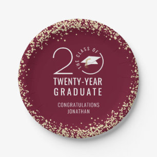 Modern Graduation Class Year Maroon Gold Confetti Paper Plates