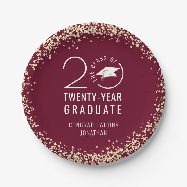 Modern Graduation Class Year Maroon Gold Confetti Paper Plates (Front)