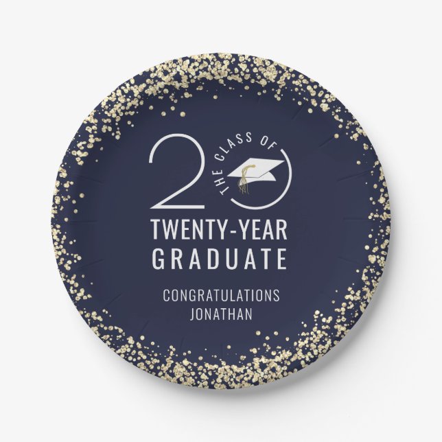 Modern Graduation Class Year Navy Blue Gold Paper Plates (Front)