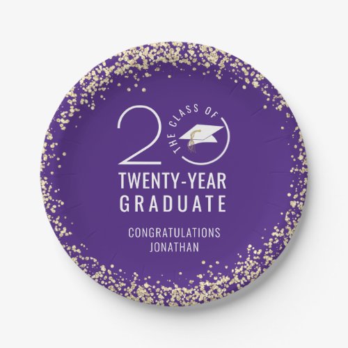 Modern Graduation Class Year Purple Gold Confetti  Paper Plates
