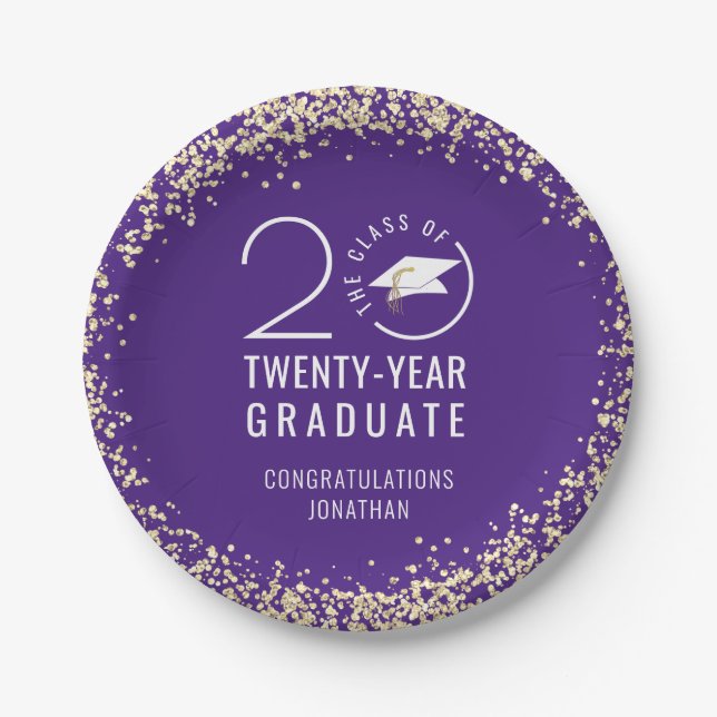Modern Graduation Class Year Purple Gold Confetti  Paper Plates (Front)