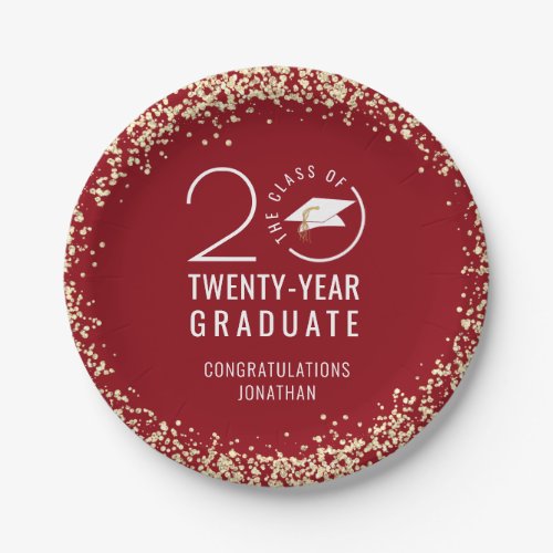 Modern Graduation Class Year Red Gold Confetti  Paper Plates