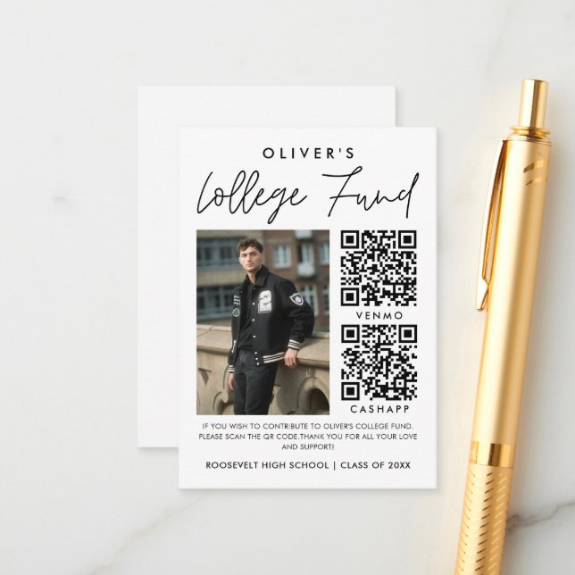 Modern Graduation College Fund 2 QR Code Photo Enclosure Card (Front/Back In Situ)