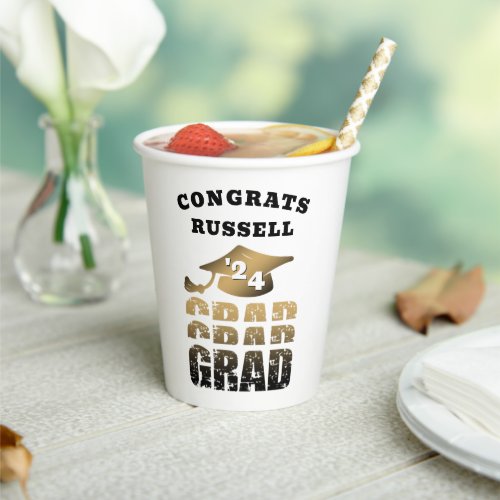 Modern Graduation Congrats Grad Name Black Gold Paper Cups