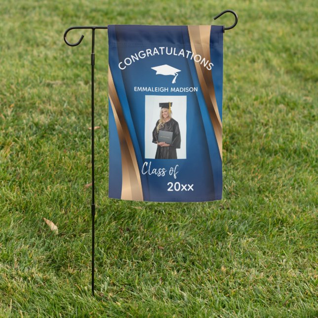 Modern Graduation Congratulation Blue Gold Garden Flag (In SItu)