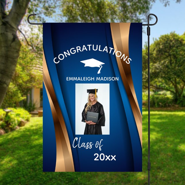 Modern Graduation Congratulation Blue Gold Garden Flag (Creator Uploaded)