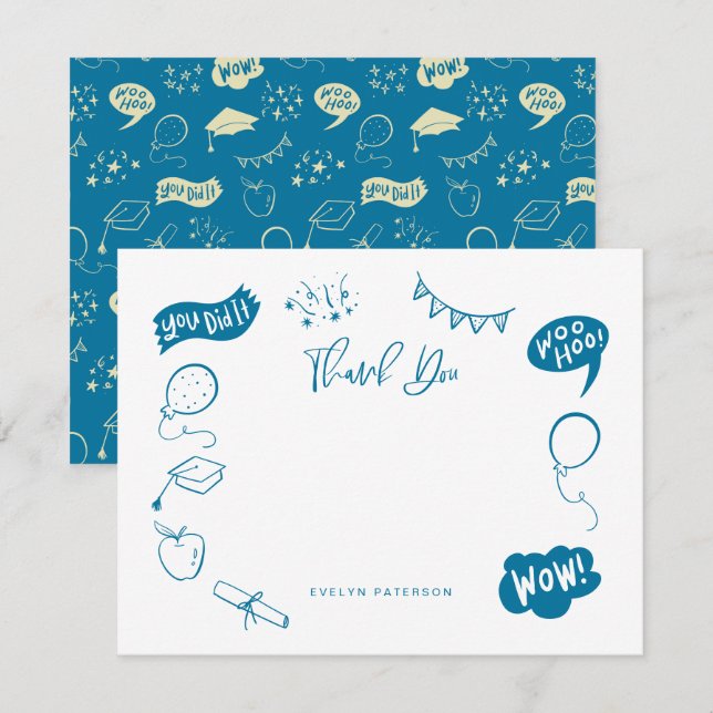 Modern Graduation Doodle Blue Thank You Note Card (Front/Back)