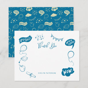 Modern Graduation Doodle Blue Thank You Note Card