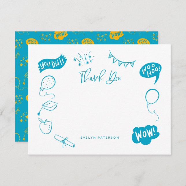 Modern Graduation Doodle Blue Yellow Thank You Note Card (Front/Back)