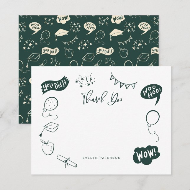 Modern Graduation Doodle Green Thank You Note Card (Front/Back)