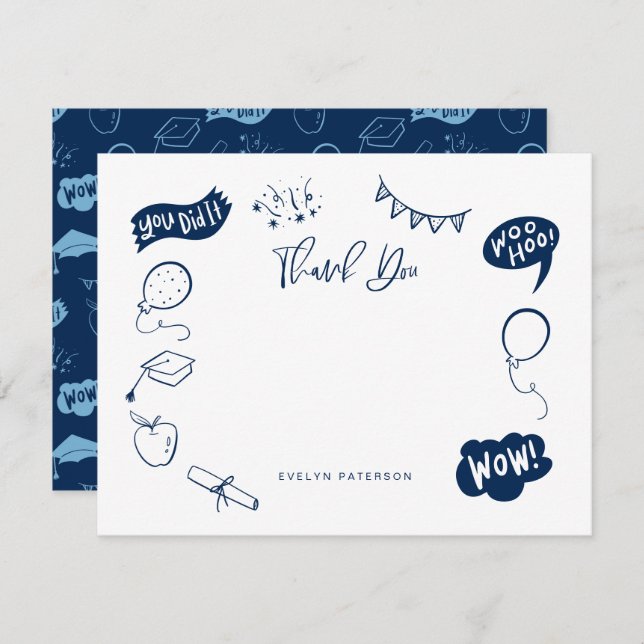 Modern Graduation Doodle Navy Blue Thank You Note Card (Front/Back)